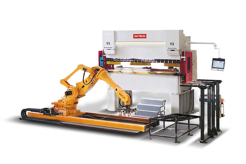Máquina plegadora CNC electrohidráulica servo-controlada DX-PB-250T4000, integrada con sistema de robot de plegado1 Máquina plegadora CNC electrohidráulica servo-controlada DX-PB-250T/4000, integrada con sistema de robot de plegado